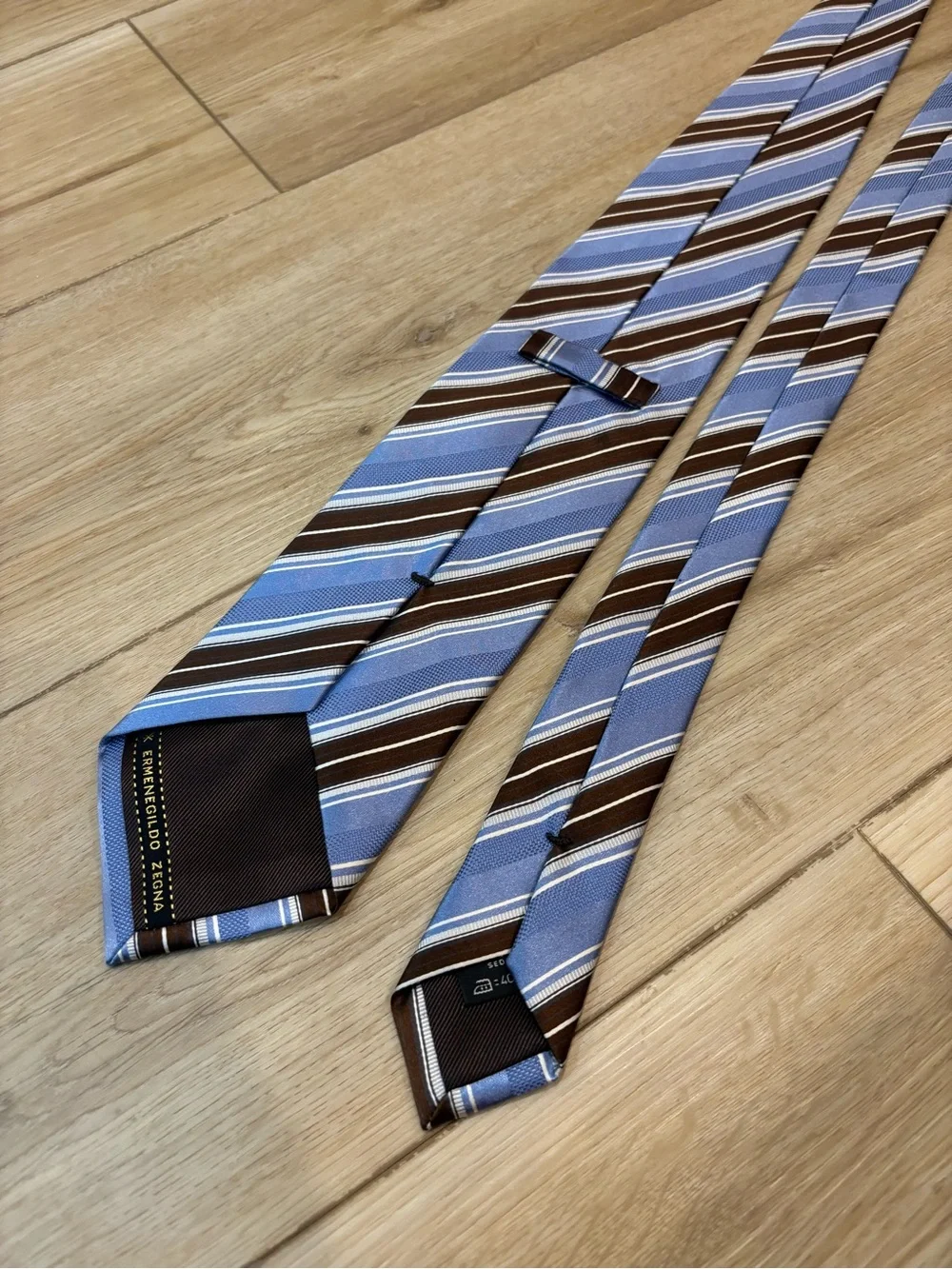Ermenegildo Zegna Silk Tie Mens Blue Brown Silver Repp Stripe Tie 59x3.75”